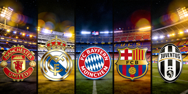 欧洲五大联赛俱乐部徽章与球场灯光璀璨的合成图
